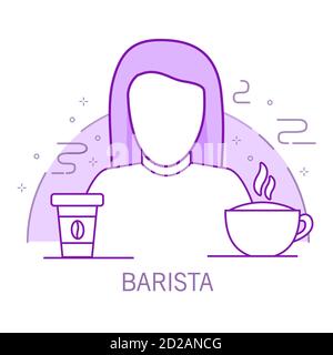 Le Barista fille décrit un personnage de dessin animé avec un cappuccino et une tasse de papier de café. Illustration de Vecteur