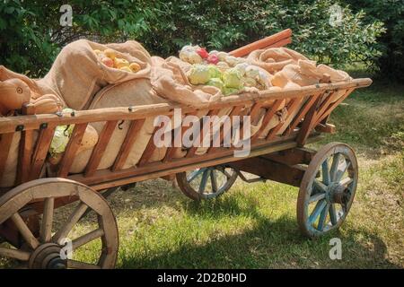 Les citrouilles, le chou, les oignons et les autres légumes sont dans la nature dans un chariot en bois. Un vieux wagon avec des légumes et des fruits est venu au marché. Pomme mûre Banque D'Images