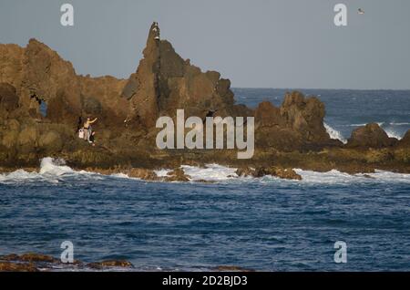 Des gens qui jettent des fleurs dans la mer. Risco Verde. Arinaga. Aguimes. Grande Canarie. Îles Canaries. Espagne. Banque D'Images