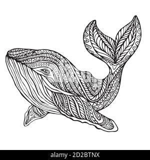 Ornement fantaisie baleine, page de coloriage. Illustration de Vecteur