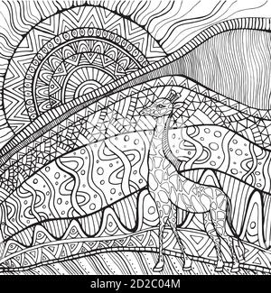 Girafe ornementale et soleil et paysage africain, page de coloriage Illustration de Vecteur