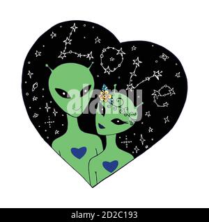 Un couple amoureux extraterrestres dans le ciel étoilé. Illustration de Vecteur