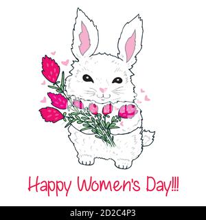 Joli petit lapin moelleux avec un bouquet de fleurs et des coeurs volants. Illustration de Vecteur