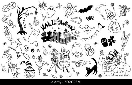 Souligner l'icône halloween sur fond blanc isolé. Symboles effrayants pour invitation ou carte-cadeau, bloc-notes, carreaux de bain, album. Étui ou tissu pour téléphone Illustration de Vecteur