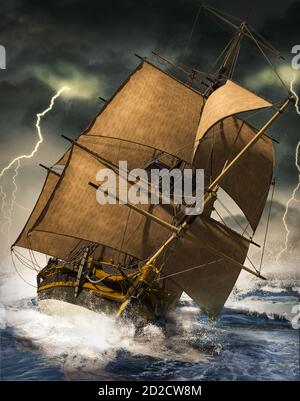 Bateau à voile sur les vagues, luttant pour rester à flot dans une tempête de tonnerre intense avec la foudre, rendu 3d. Banque D'Images