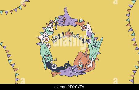 Bannière Halloween sur fond jaune. Carte postale de Noël avec espace pour les copies d'invitation ou de carte-cadeau, bloc-notes, carreaux de bain, album. Étui ou tissu pour téléphone Illustration de Vecteur