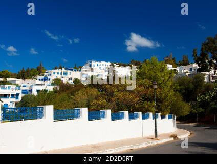 La vieille ville tunisienne Sidi Bou Said est aujourd'hui un quartier de luxe de la capitale Tunis. Sidi Bou Said est connu pour les couleurs bleu et blanc. Beaucoup de films célèbres nous Banque D'Images