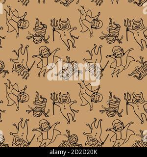 Costumes d'Halloween sur fond beige. Motif monstres sans couture pour papier peint, papier d'emballage, couchette, carrelage de bain, vêtement ou linge de lit étui ou caillot de téléphone Illustration de Vecteur