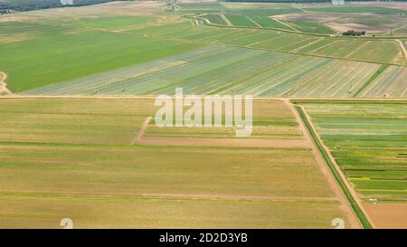 Terrain agricole avec des cultures et des machines agricoles vert vue d'en haut. La campagne avec les terres agricoles. Banque D'Images