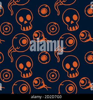 Crâne et globe oculaire sur fond bleu marine. Motif Halloween sans couture pour papier peint, papier d'emballage, canapé-lit, carrelage de bain, vêtement ou linge de lit étui de téléphone ou Illustration de Vecteur