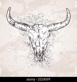 Illustration vectorielle avec un motif de fleurs et de crânes de buffle sauvage sur fond de grunge. Pour les tee-shirts, les affiches et autres votre design. Illustration de Vecteur