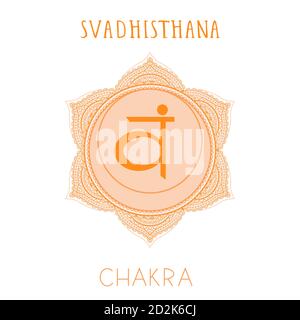 Illustration vectorielle avec le symbole chakra Svadhishana sur fond blanc. Entourez le motif de mandala et le lettrage dessiné à la main. Illustration de Vecteur