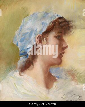 Veith Eduard - Portrait d'une jeune femme italienne Un foulard bleu - École autrichienne - 19e siècle Banque D'Images