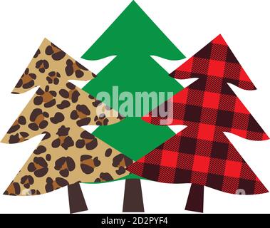 Illustration vectorielle des arbres de Noël. Arbre de Noël abstrait arrière-plan de vacances. Buffalo Plaid, arbres à motif léopard. Illustration de Vecteur