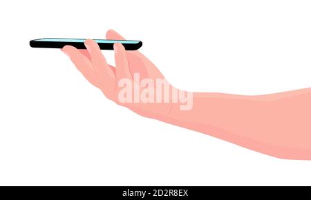 Téléphone portable dans la main. Homme tient un smartphone noir. Toucher l'écran avec le doigt. Copiez l'espace pour votre texte. Illustration vectorielle, fond blanc Illustration de Vecteur