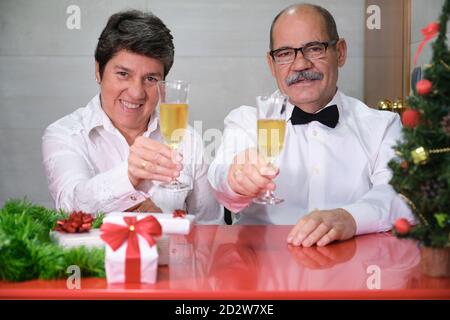 Couple senior célébrant la dégustation de noël avec du champagne à l'appareil photo. Concept de fête de Noël. Banque D'Images