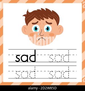 Feuille de travail pratique de traçage - mot triste. Matériel d'apprentissage pour les enfants. Je peux écrire un modèle de mots Illustration de Vecteur