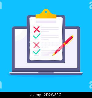 Remplissez la liste de contrôle avec les coches cochées et x affiché au-dessus de l'écran de l'ordinateur portable ou de l'écran de l'ordinateur portable. Illustration de Vecteur