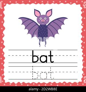 Flashcard de traçage de mots - Bat. Pratique d'écriture pour les enfants. Carte flash avec mot simple à trois lettres Illustration de Vecteur