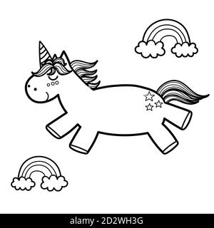 Page de coloriage Magic unicorn et arcs-en-ciel. Livre de coloriage fantaisie Illustration de Vecteur