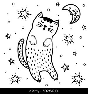 Jolie page de coloriage de chat et de lune. Livre de coloriage fantaisie Illustration de Vecteur