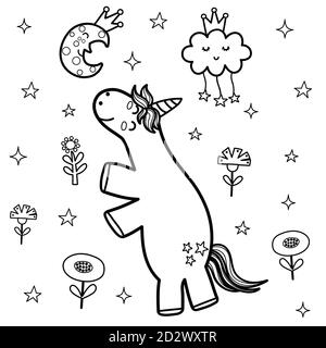 Jolie page de coloriage licorne et lune de sommeil. Livre de coloriage fantaisie Illustration de Vecteur