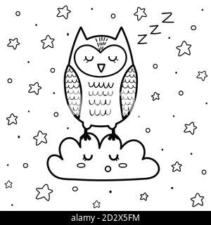 Chouette chouette chouette sur la page de coloriage du nuage pour les enfants. Bon livre de coloriage de nuit avec étoiles Illustration de Vecteur