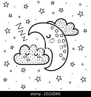 Bonne page de coloriage de nuit avec une jolie lune de sommeil et un nuage. Arrière-plan fantaisie noir et blanc Illustration de Vecteur