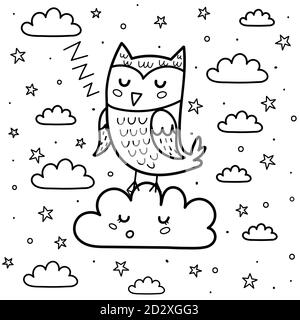 Bonne page de coloriage de nuit avec un chouette hibou de sommeil et un nuage. Arrière-plan fantaisie noir et blanc Illustration de Vecteur