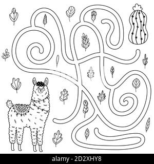 Aidez le joli lama à se rendre au cactus. Jeu de labyrinthe noir et blanc pour les enfants Illustration de Vecteur
