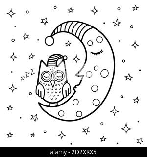 Page de coloriage pour les enfants avec une jolie lune de sommeil et un hibou. Bonne nuit noir et blanc fond fantaisie Illustration de Vecteur