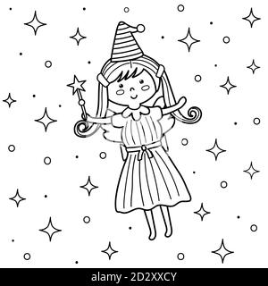 Jolie fée avec baguette magique dans la page de coloriage du ciel. Livre de coloriage fantaisie Illustration de Vecteur