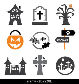 Ensemble d'icônes vectorielles d'Halloween - Pumpking effrayant, cimetière, chauves-souris et château hanté Illustration de Vecteur