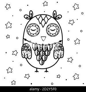 Page de coloriage de chouette de nuit. Imprimé noir et blanc avec animal drôle Illustration de Vecteur