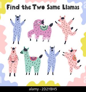 Trouvez les deux mêmes lamas. Jeu d'activités éducatives pour les tout-petits Illustration de Vecteur