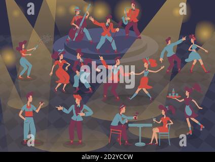 Jeu de caractères sans visage rétro à vecteur de couleur plat. Musiciens de jazz et danseurs rock n. roll. Style rockabilly des années 1950 Mesdames et messieurs isolés Illustration de Vecteur