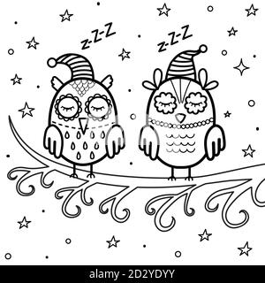 Des chouettes dormantes sur la page de coloriage de la branche. Bon livre de coloriage de nuit Illustration de Vecteur
