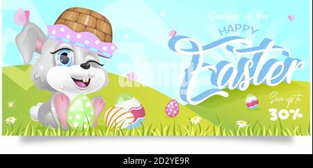 Bon Noël offre spéciale bannière de vente modèle de vecteur plat. Bannière sur le thème du printemps, certificat-cadeau avec lapin et panier d'œufs kawaii Illustration de Vecteur