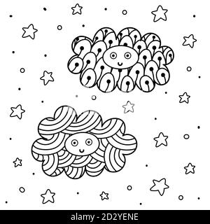 Personnages de nuages mignons dans la page de coloriage du ciel. Fond fantaisie pour livre de coloriage Illustration de Vecteur