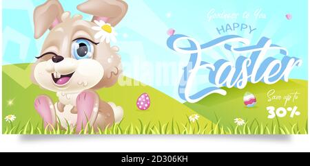 Modèle plat de bannière de Pâques heureux. Pascha discount flyer design avec dessin animé kawaii caractère. Entortiller le lapin avec des œufs sur l'herbe verte. Imprimable Illustration de Vecteur