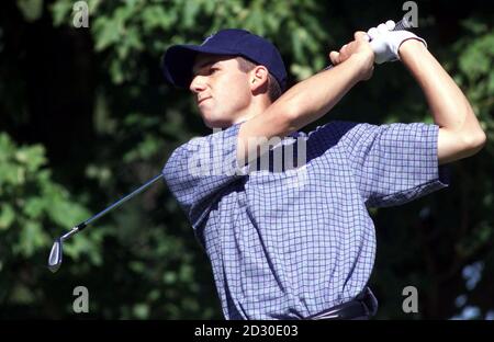 Sergio Garcia, joueur de golf de la Ryder Cup en Europe, est au deuxième trou lors des matchs de la Ryder Cup, au Country Club, Brookline, Massachusetts. Banque D'Images