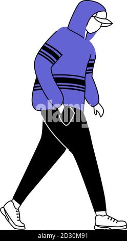 Adolescent suspect dans une casquette et un sweat-shirt silhouette plate illustration vectorielle. Homme de marche avec main dans la poche. Poche de pickpocket. Contour 2D isolé Illustration de Vecteur