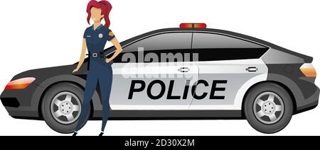 Femme cop debout par automobile couleur vecteur sans visage caractère. Une femme policier a isolé l'illustration de dessin animé pour la conception graphique de Web et Illustration de Vecteur