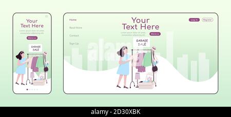 Vente au garage page d'arrivée adaptative modèle de vecteur couleur plat. Disposition de la page d'accueil du marché aux puces pour PC et mobiles. Acheter des vêtements de seconde main une page site Web Illustration de Vecteur