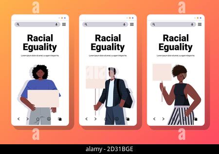 définir les militants du peuple afro-américain en tenant des pancartes vierges pour l'égalité raciale justice sociale arrêter la discrimination concept smartphone écrans collection copier espace illustration vectorielle portrait Illustration de Vecteur