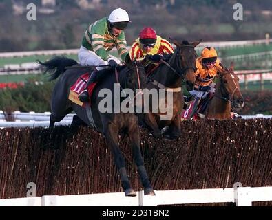 Go Roger Go criblé par le jockey Norman Williamson (à gauche, en casquette blanche) saute la dernière clôture pour gagner la coupe d'or Tripleprint à l'hippodrome de Cheltenham. Banque D'Images