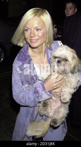 L'ancienne « fille de glace », devenue chanteuse pop solo Geri Halliwell, et son chien Harry, arrivent dans un restaurant du West End pour une projection de presse de sa nouvelle vidéo. Banque D'Images