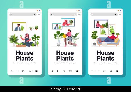 set femmes prenant soin de la maison mélange filles de race discuter avec un ami pendant les appels vidéo, collection complète d'écrans de smartphone illustration du vecteur horizontal de l'espace de copie Illustration de Vecteur