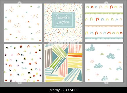 Ensemble créatif de six motifs et imprimés sans couture colorfu.diverses lignes et formes, arc-en-ciel, courbes, arcs.pour vêtements mode pour enfants, tee-shirts, affiches, env Illustration de Vecteur