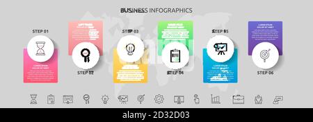 Cercles infographiques avec 6 étapes, carrés. Modèle vectoriel utilisé pour le diagramme, l'entreprise, la mise en page du flux de travail, les présentations, l'organigramme, info graphe Illustration de Vecteur